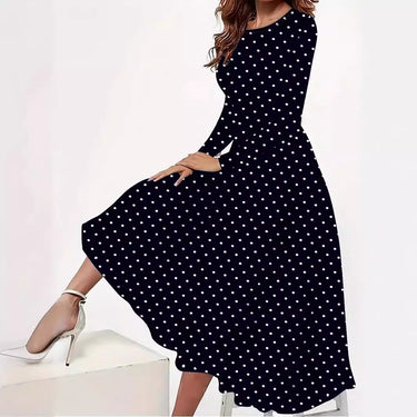 European And American Elegant Polka Dot Printed Round Neck Long Sleeve Pocket Dress